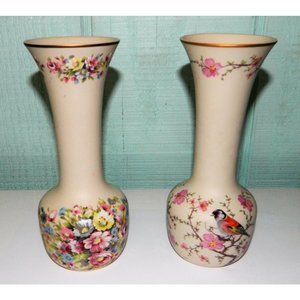 Vintage Ceramica Ibis Aveiro Portugal Goldfinch Floral Set Of 2 Vases Stem Rose